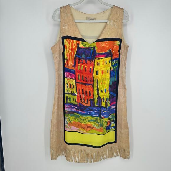 Sweet Miss Womens Shift Mini Dress Size L Satin Abstract Art to Wear Colorful - Picture 2 of 8
